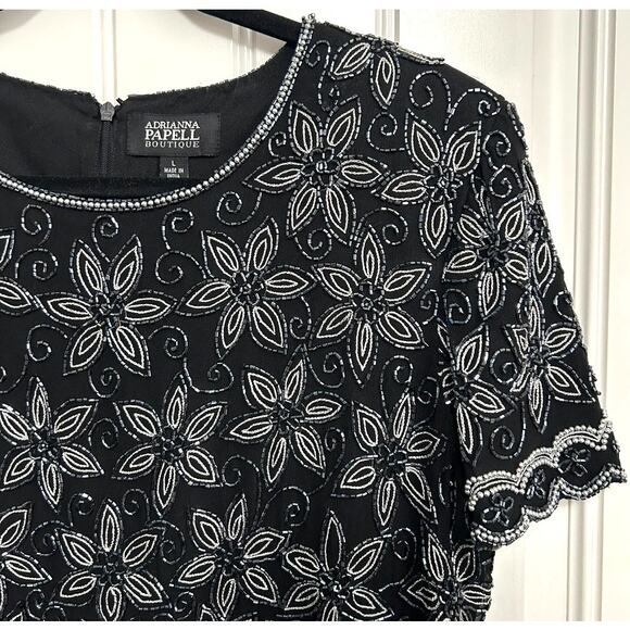 Adrianna Papell Silk Beaded Top L Black Evening Cocktail Scalloped Hem Formal - Picture 13 of 16